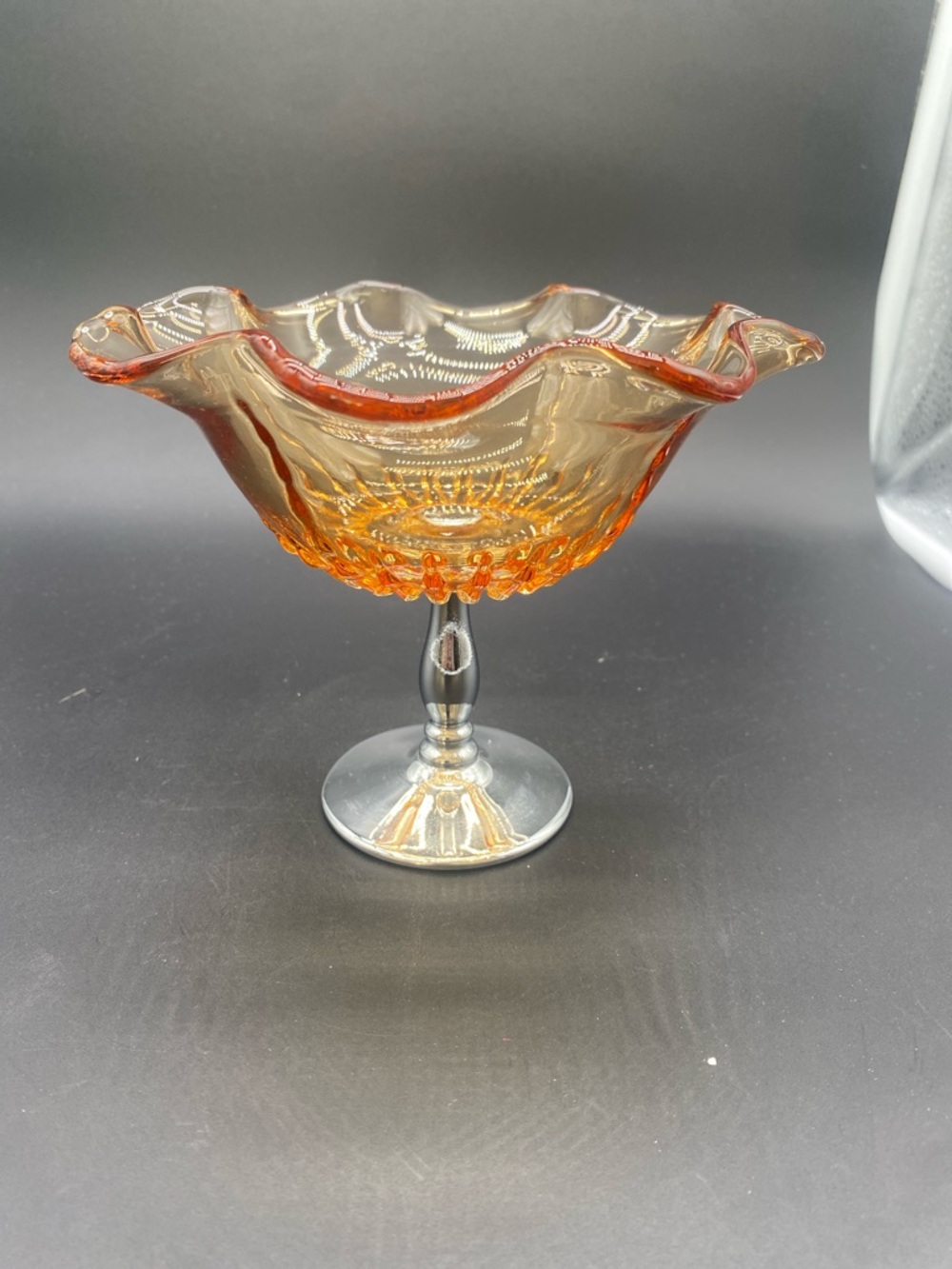 Amber Ruffled Glass Compote Chrome Pedestal Bowl